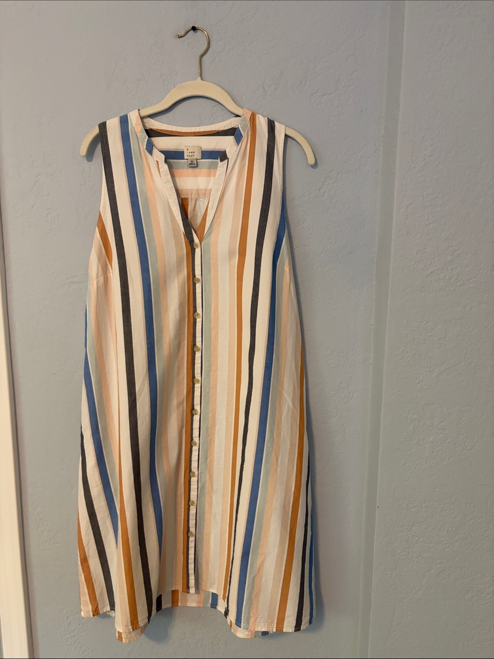 Sleeveless Striped Midi Dress with Button Front — Blue, Tan & White